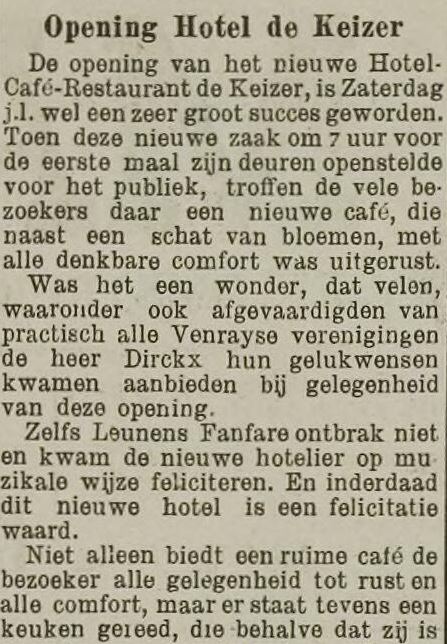 Newspaper clipping Peel en Maas Article Opening of Hotel De Keizer in Paterstraat Venray.
